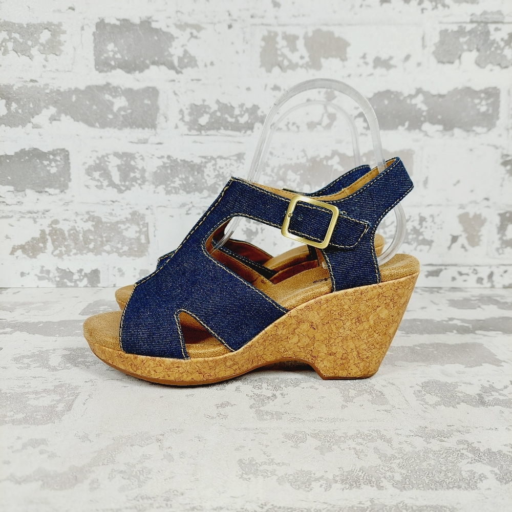 Clarks Dark Blue Denim Cork Wedge Sandals with Buckle